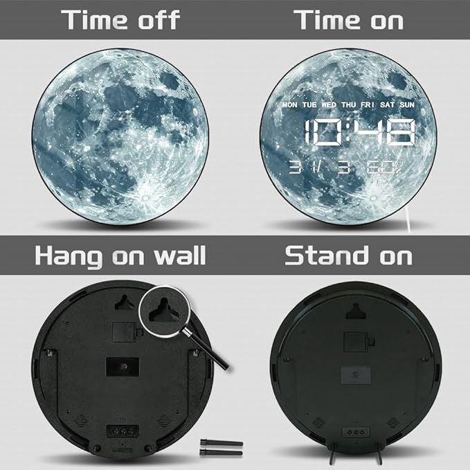 Timethink 12'' Full Moon Digital Wall Clock with LED Display, Lunar Moonlight LED Electric Wall Clock Calendar & Temperature, Automatic Dimming, 12/24hr Format, Wall & Desk Use for Bedroom Living Room