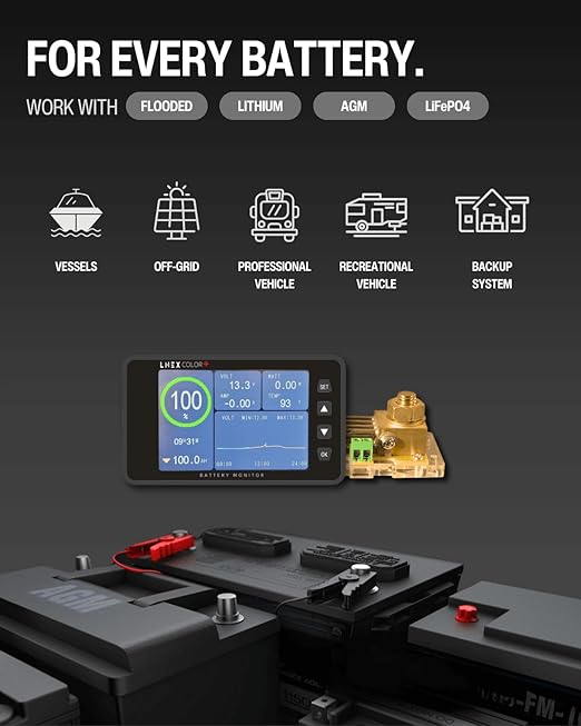 LNEX 500A Battery Monitor with Shunt, 3.5" Color Screen RV Monitor with 16ft Cable, Support High Low Voltage Current Programmable Alarm for 8-120V Lifepo4, Lithium, Gel, Flooded Battery