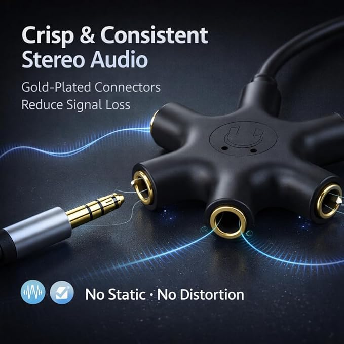 Mizi 5-Way 3.5mm Headphone Splitter - Stereo Audio Adapter with 1 Male to 5 Female Jacks, Gold-Plated Connectors, Compatible with iPhone, iPad, Smartphones, Tablets, MP3 Players - Black