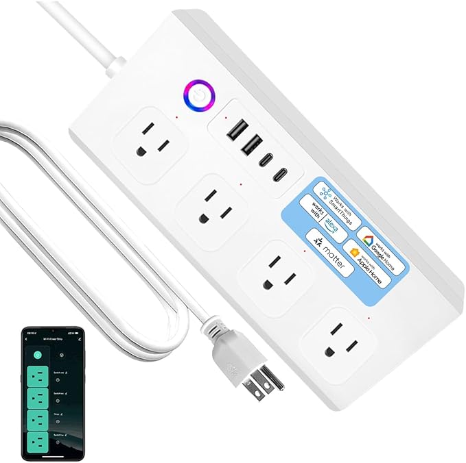 Matter Smart Power Strip,Works with Apple HomeKit, Siri, Alexa, Google Assistant, with 4 Individually Controlled AC Outlets & 2 USB 2 Type-C Ports, Multi-Plug Extender for Home Office