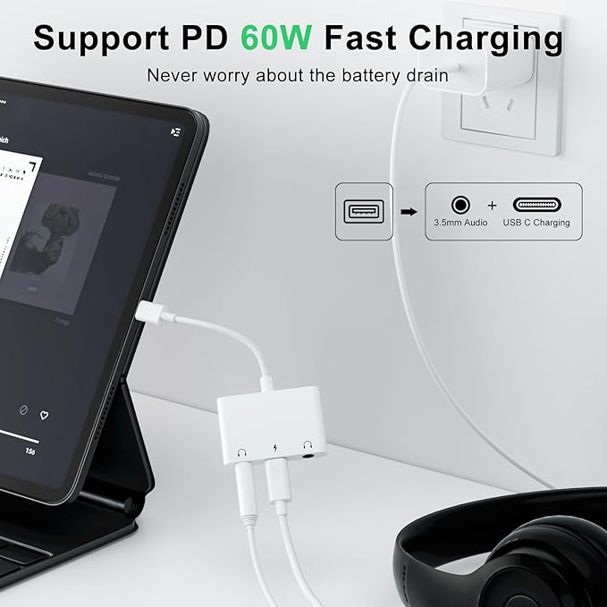 INVERSE NET Headphone Adapter for iPad, Headphone Splitter for 2 Headphones,3 in 1 USB C to 3.5mm Jack Audio Adapter with 60W Fast Charging Compatible with S24/23 Ultra.