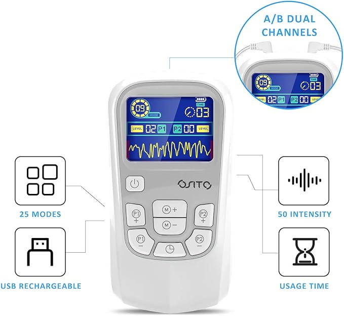 OSITO TENS Unit Muscle Stimulator (FSA or HSA Eligible) Rechargeable Electronic Pulse Massager with 4 Reusable Pads - Pain Relief Therapy Machine with Dual Channel 25 Modes