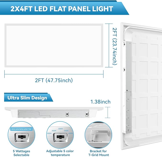 Msbfi 2x4 LED Flat Panel Lights Drop Ceiling Light Fixture 5000K 4000K 3000K Selectable 0-10v Dimmable, 30-40-50W 24x48 LED Light Fixture 100-277V for Office Ceiling Lighting Fixture ETL/DLC 48 Pack