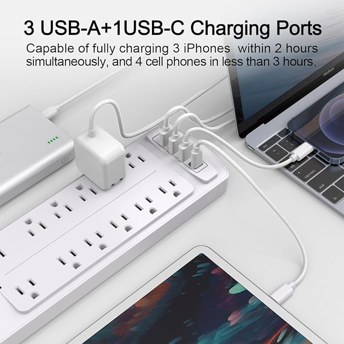 Power Strip,ALESTOR Surge Protector with 12 Outlets and 4 USB Ports, 6 Feet Extension Cord (1875W/15A) for for Home, Office, Dorm Essentials, 2700 Joules, ETL Listed (White)