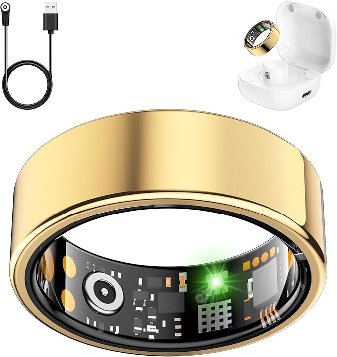 Smart Health Ring for Women Men, Fitness Tracker Ring with Heart Rate, Blood Oxygen, Sleep Tracker, Step Tracker, No Subscription Fee, IP68 Waterproof Smart Ring for iPhone & Android (Gold, 7#)