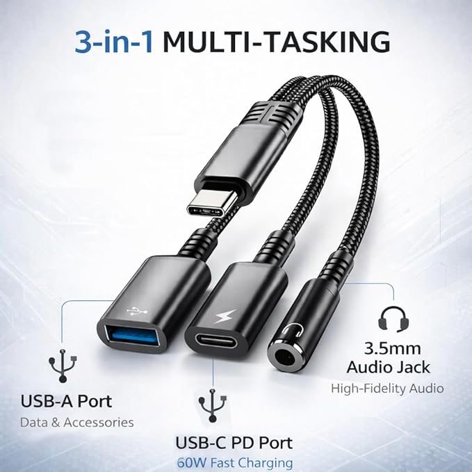 Mizi 3-in-1 USB C to Headphone Jack and Charger Adapter, 60W PD Fast Charging & USB A Hub, Compatible with iPhone 15/16/17 Pro/Max, Samsung Galaxy, iPad Pro, MacBook, Pixel - Black