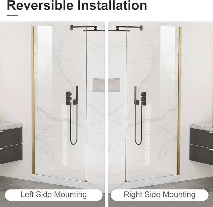 Bathbliss 36" W x 76" H Frameless Shower Glass Panel, 8mm Clear Tempered Glass, Fixed Walk-In Shower Screen, Brushed Gold Finish, Reversible Installation