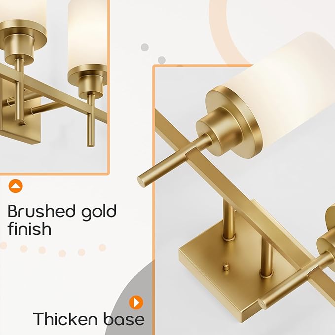AONEON Wall Light Fixtures 4-Light Over Mirror, Gold Vanity Lights with White Frosted Glass Shade, Wall Sconces for Bathroom Washroom Kitchen T001GD-L4