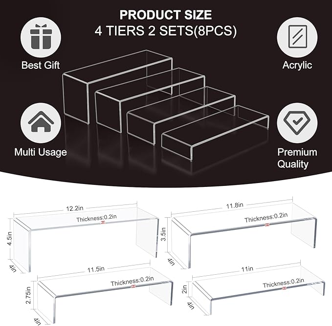 Blaithom Acrylic Display Riser Stand,8Pcs 12'' Length Tier Display Stands, Thickened to 0.2''(5mm) Acrylic Shelf Risers for Perfume Display,Risers for Buffet Table,Cupcake Stand,Pop Figurines,Tumbler,Food