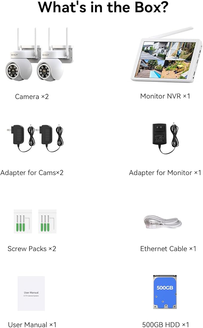 VORGUT Wireless Security Camera System with 10" LCD Monitor, 2PCS 3MP PTZ Outdoor Camera for Home Surveillance, 10CH NVR with 500G HDD,Auto Tracking,Human Detection,Color Night Vision,No Monthly Fee