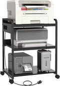 Livofloral Printer Stands with Charging Station, 25.2 x 18.9 Inch Large Printer Stand with Wheels for Home Office, 3 Tier Printer Table with Power Outlet USB Port, Printer Shredder Stand, Black