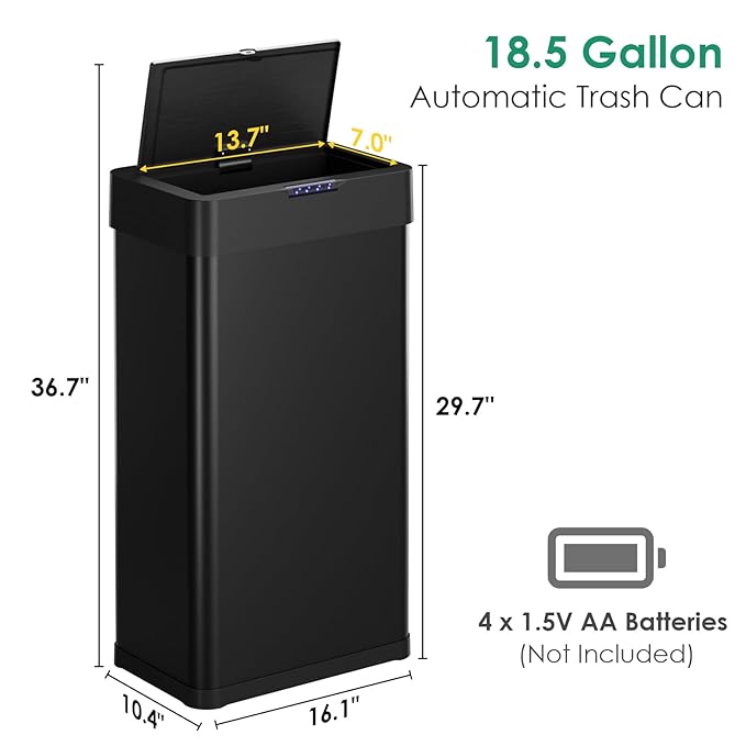 Arlopu Automatic Trash Can,Sensor Motion Stainless Steel Garbage Bin, Touchless Smart Waste Bin, W/Stay-Open, Soft Close Lid, Display Light for Kithchen, Living Room, Office (Black, 18.5gal)
