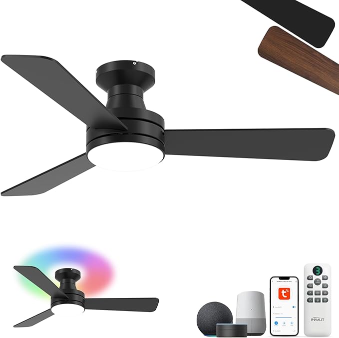 Homlit 42" RGB Ceiling Fan with Light, Music Sync Smart Fan with Alexa/Google/App Control, Low Profile Flush Mount, 6-Speed Quiet DC Motor, 4 CCT Dimmable Lighting for Bedroom Living Room, Black