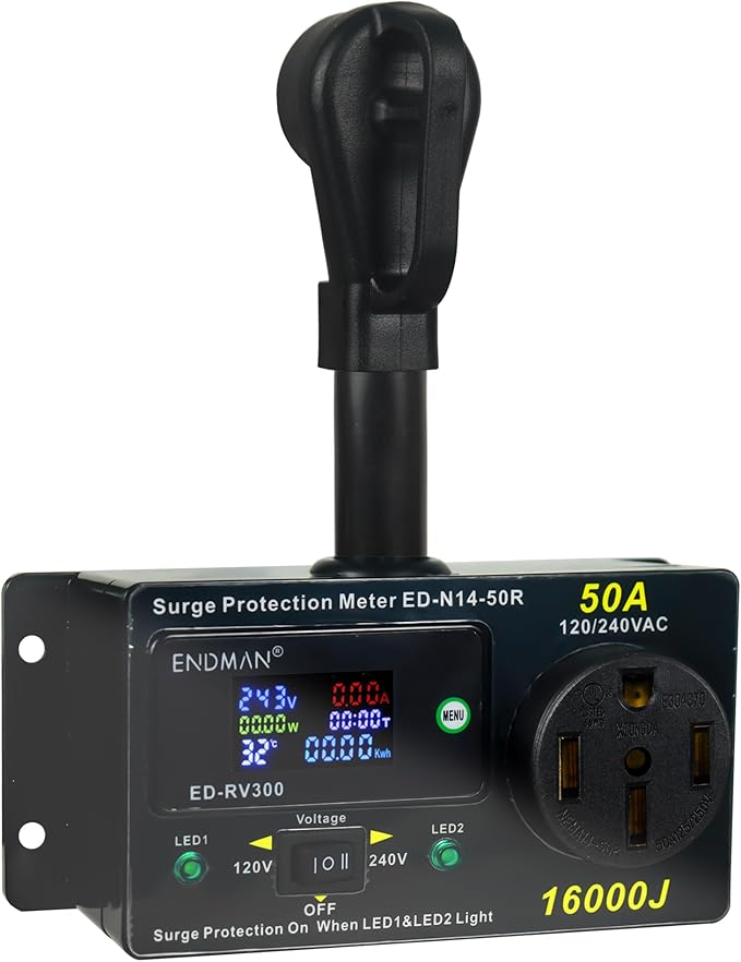 50 Amp RV Surge Protector with kWh Energy Monitor - 16,000 Joules Lightning Protection - Digital Power Meter Display (Volts, Amps, Watts, Temp) for Motorhome (NEMA 14-50P)
