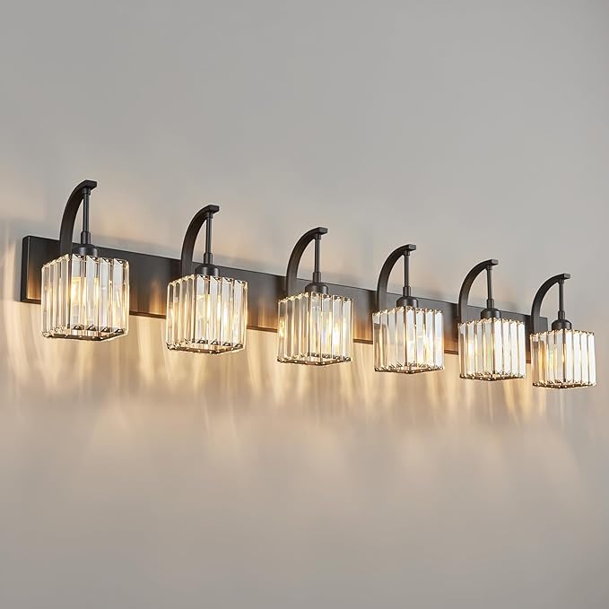 FDPBY Crystal Vanity Lights 6-Light Black Bathroom Vanity Lights Modern Crystal Bathroom Light Fixtures Over Mirror 51.18" Long Vanity Light for Bathroom