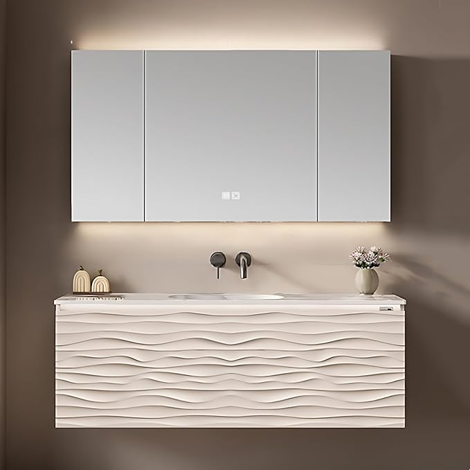 40IN Bathroom Vanity - Smart Defogging Mirror Cabinet | Waterproofing Technology & Wave Shaped Door Panel, Floating Bathroom Vanities with Large Storage Space (Mirror Cabinet)
