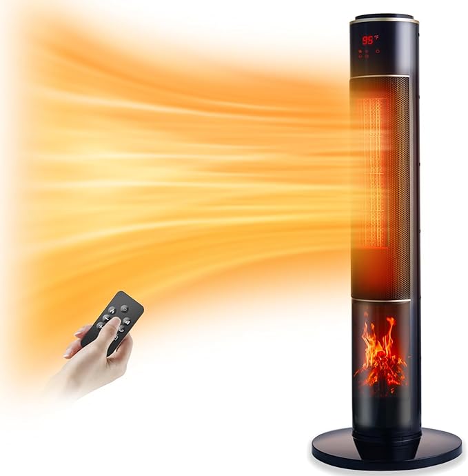 Portable Electric Space Heater for Large Room 37" Ceramic Tower Heater with 3D Flame for Room Heating,Oscillating,Remote Control,Tipover &overheating protection for Indoor Use(Black-I)