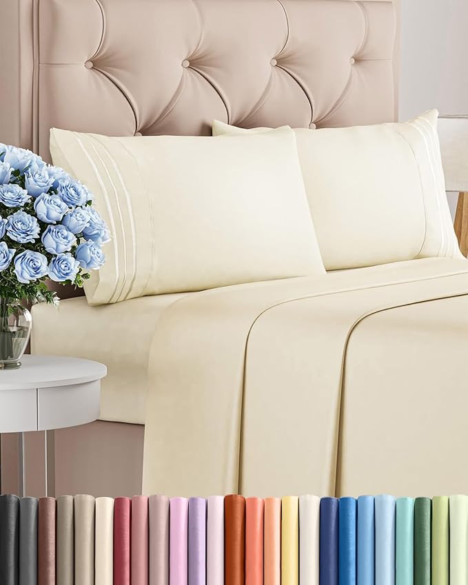 Cal King Size 4 Piece Sheet Set - Comfy Breathable & Cooling Bed Sheets Set - Hotel Luxury Bedding for Women, Men, Kids, Teens, Boys & Girls - Deep Pockets, Soft, Wrinkle Free - Oeko-Tex - Off White