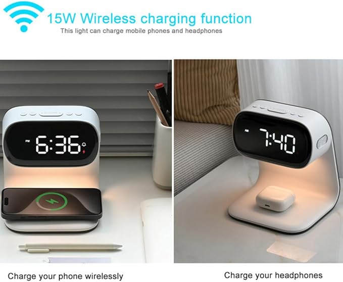 3in1 Multi-Functional Wireless Charging Alarm Clock Smart Night Light Qi Charger LED Digital Clock Adjustable Light 15W Fast Wireless Charging for All Qi Phone and TWS Headphone White