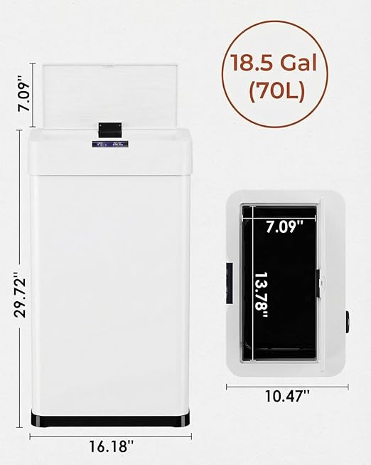 TLSUNNY 18.5 Gallon Motion Sensor Trash Can,Touchless Automatic Garbage Can,Brushed Stainless Steel Smart Bin,with Bag Holder,Soft Close Lid,for Kitchen,Office,RV,Bedroom,Living Room (White, 70L)
