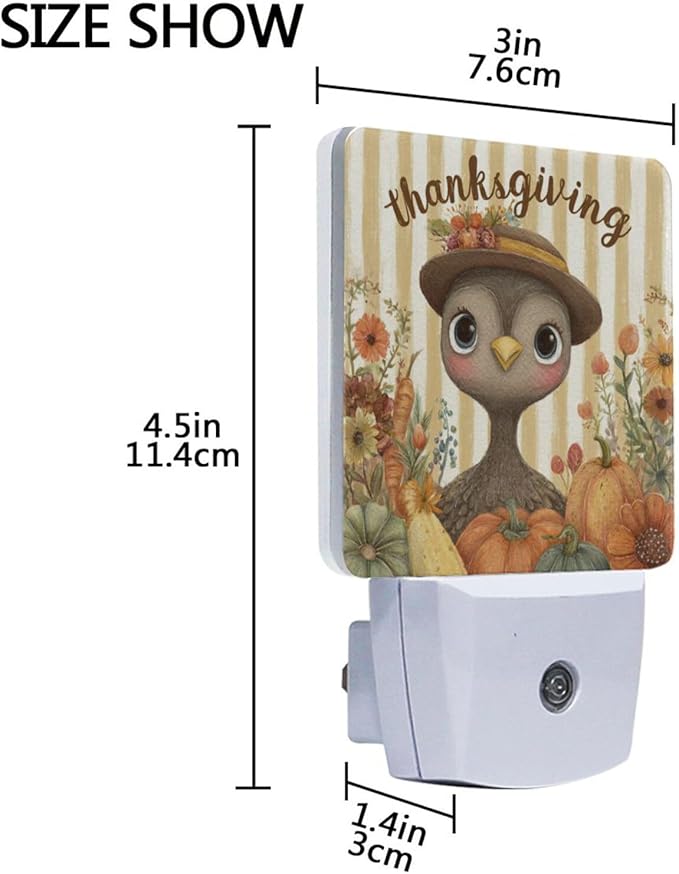 Pigsaly Led Night Light Thanksgiving Cute Turkey Autumn Pumpkins Carrots Wildflowers Night Light Plug in Wall Lamp Smart Dusk to Dawn Sensor Nightlight Led Lamp Energy Saving Lights Gift for Kids Ro