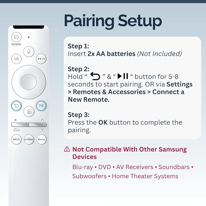 2 Pack BN59-01312Q Samsung TV Remote Control Replacement for Smart TV - Easy Setup, Universal Remote, Streaming Shortcuts - Works with Samsung QLED, Frame, UHD, 4K, & LED Smart TVs