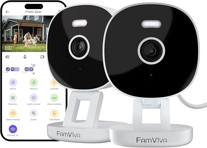 FAMVIVA 2K Security Camera, Outdoor/Indoor for Home, Pet, Baby, Nanny, IP65 Waterproof Color Night Vision, White Light & Siren, Recording, Motion Detection, Compatible with Alexa,White-2P
