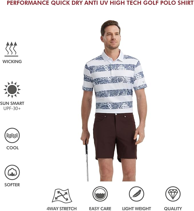 Golf Shirts for Men Dry Fit Short Sleeve Print Performance Moisture Wicking Polo Shirt