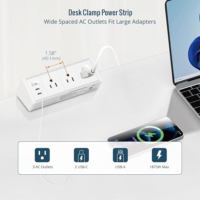 Tecmojo Desk Clamp Power Strip 3 Outlet with 1 USB A and 2 USB C Ports, 6 ft Cord, Desk Outlet Station Fit 1.6" Tabletop Edge,ETL Listed,White
