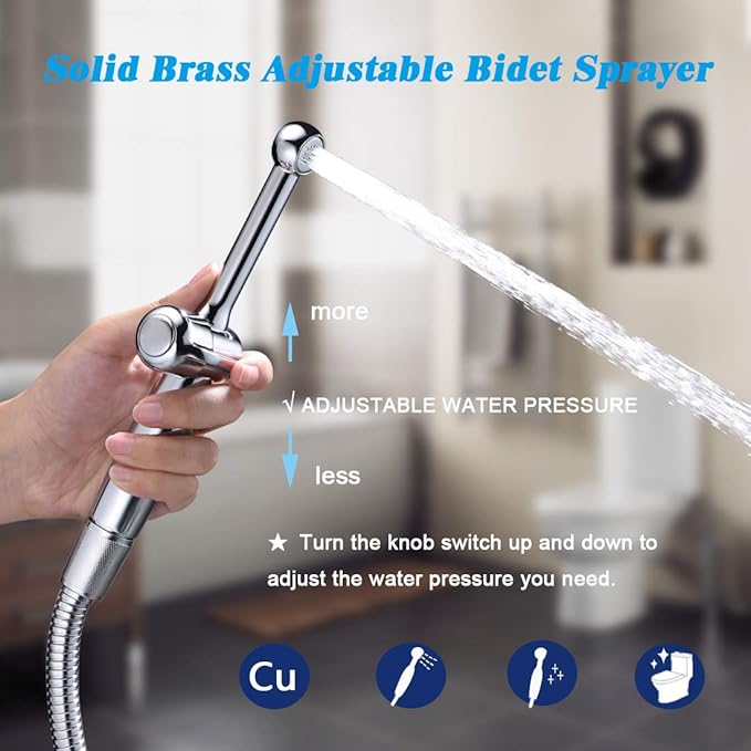 Handheld Bidet Sprayer for Toilet, Hand Held Bidet Attachment, Cloth Diaper Toilet Sprayer Brass 7.9" Bidet Wand, Adjustable Water Jet Spray for Toilet with Backflow Preventer, Chrome