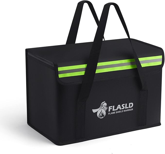 FLASLD Large Fireproof Lipo Bag for 100Ah Lithium Battery Storage and Charging, 14 x 7.8 x 9.5in Waterproof Box for Documents and Valuables