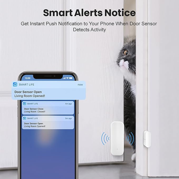 Smart WiFi Door Sensor: Wireless Window Sensor with App Notification Alert, Tuya Door Open Contact Sensor for Home Security, No Hub Required, Compatible with Alexa Google Assistant