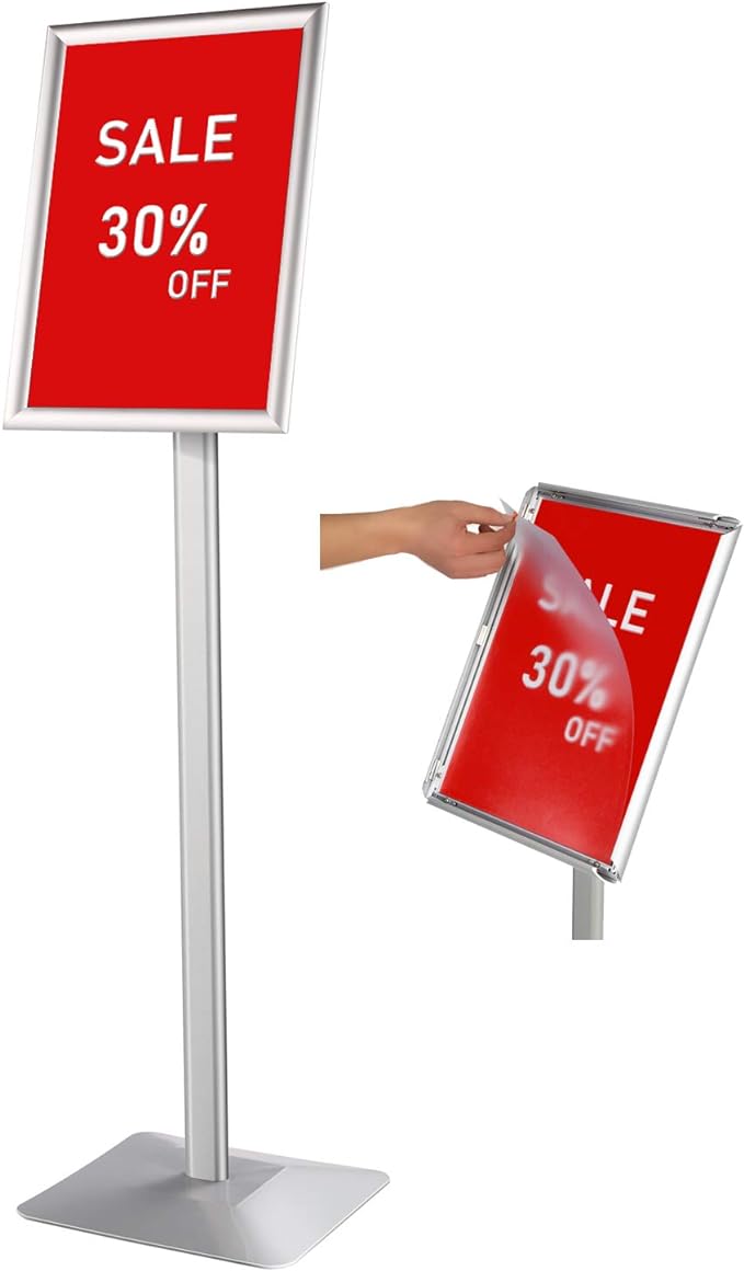 DISPLAYSWORKER Adjustable Heavy Duty Pedestal Sign holder floor Stand,sign stand poster stand Aluminum Snap Open Frame,Standing Floor for 8.5x 11 inch,Vertical/Horizontal View,SILVER