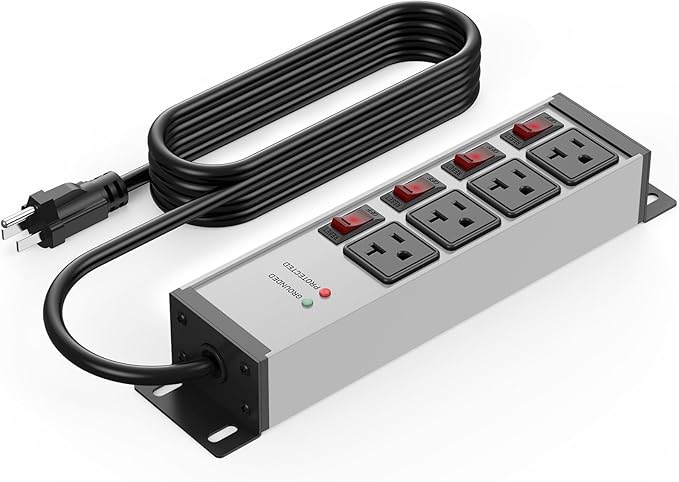 CCCEI Heavy Duty Surge Protector Power Strip 20 Amp Individual Switches. 25FT 12 Gauge Extension Cord with Multiple Outlets. Kitchen, Garage, Shop, Industrial Wall Mount Electric Extender, Grey.