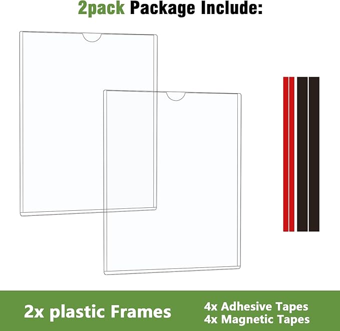 Mutualsign 2 Pcs Wall Sign Holder 8.5"x11" Magnetic Sign Holder, Rigid Print Protectors with Magnet Strips and Adhesive Strips, Wall Mount Plastic Paper Holder for Office Store Home Window Display (Clear)