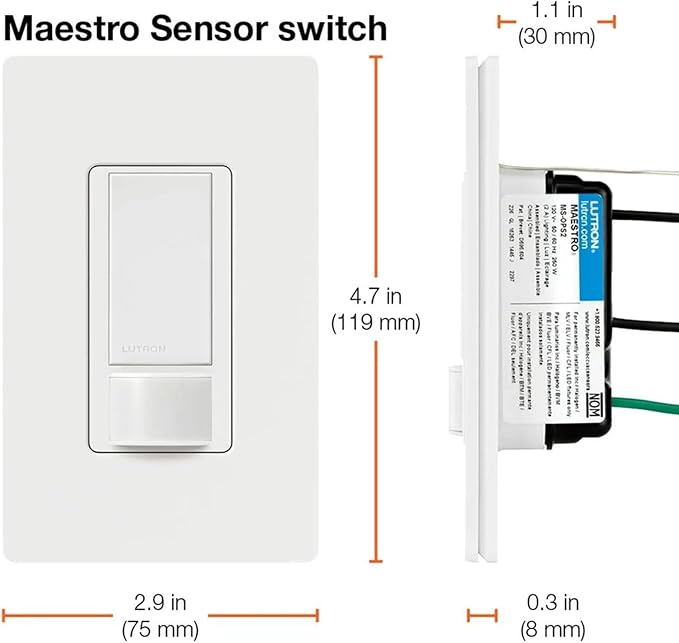 Lutron Maestro Motion Sensor Light Switch Indoor for Bathroom, Garage, Laundry Room, Closet, Occupancy Sensor Light Switch, Single-Pole, No Neutral, MS-OPS5M-BR