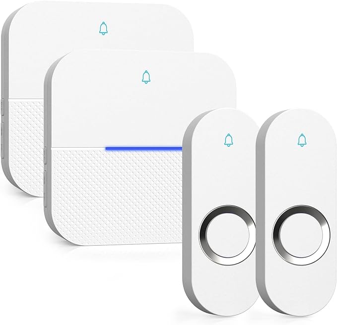 AIDA Lighted Wireless Doorbell for Home, Waterproof Battery Doorbell Wireless 1,000ft Range, 5 Volume Levels with 58 Chimes & LED Flash on Receiver (White, 2 Buttons & 2 Receivers)