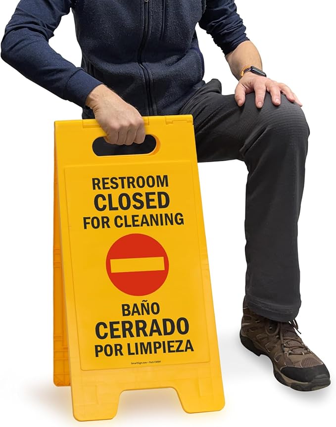 SmartSign 25 x 12 inch “Restroom Closed for Cleaning" Bilingual Two-Sided Folding Floor Sign, Plastic, Red, Black and Yellow