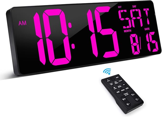 XREXS Large Digital Wall Clock with Remote Control, 16.5 Inch LED Large Display Count Up & Down Timer, Adjustable Brightness Alarm Clock with Day/Date/Temperature for Living Room, Bedroom, Office, Gym