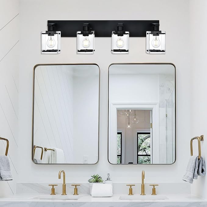 WINSHEN 4-Light Bathroom Vanity Light Fixture, Modern Black Wall Lighting Over Mirror with Rectangular Clear Glass, E26 Bulb Base