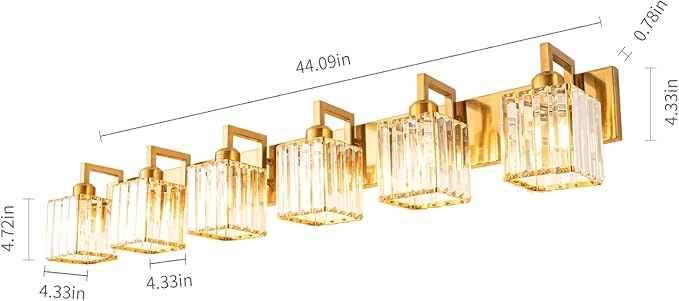 FDPBY Modern Crystal Bathroom Vanity Light - 6-Lights Gold Brushed Brass Finish Wall Lamp