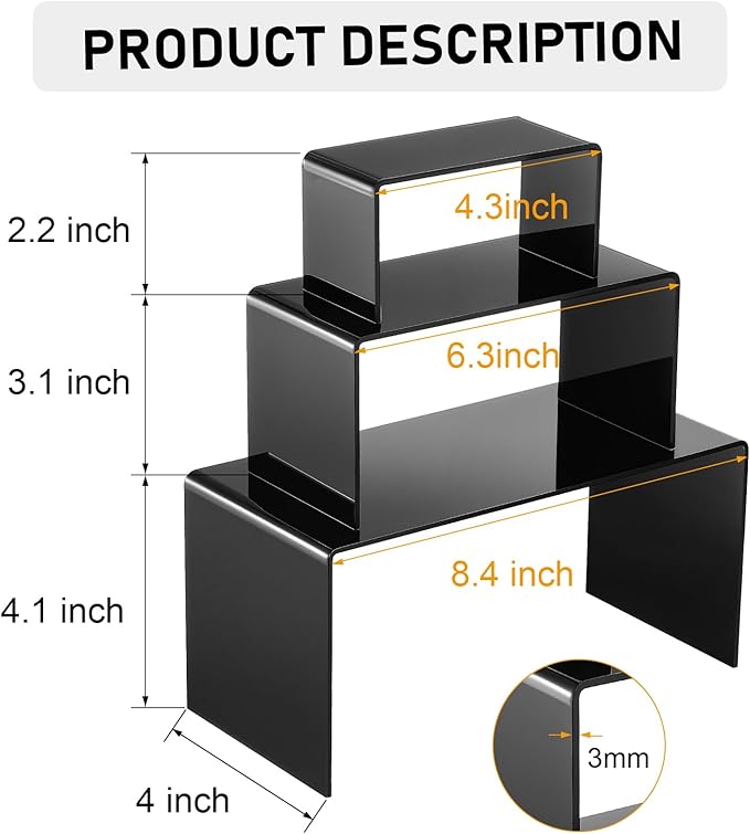 Chuangdi 2 Sets Acrylic Display Risers, Product Stand, Jewelry Display Riser Shelf Showcase Fixtures for Dessert Cupcake Candy Figure Treat Action Showcase(Black,Large Set)