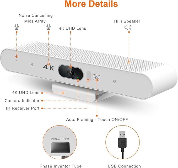 RayBit 4K Video Conference Room Camera System with Remote Control, AI Auto Framing&Focus, Speaking Tracking, Digital Zoom, Webcam with Microphone and Speaker for Windows TV/PC/Laptop/Zoom/Teams/Skype