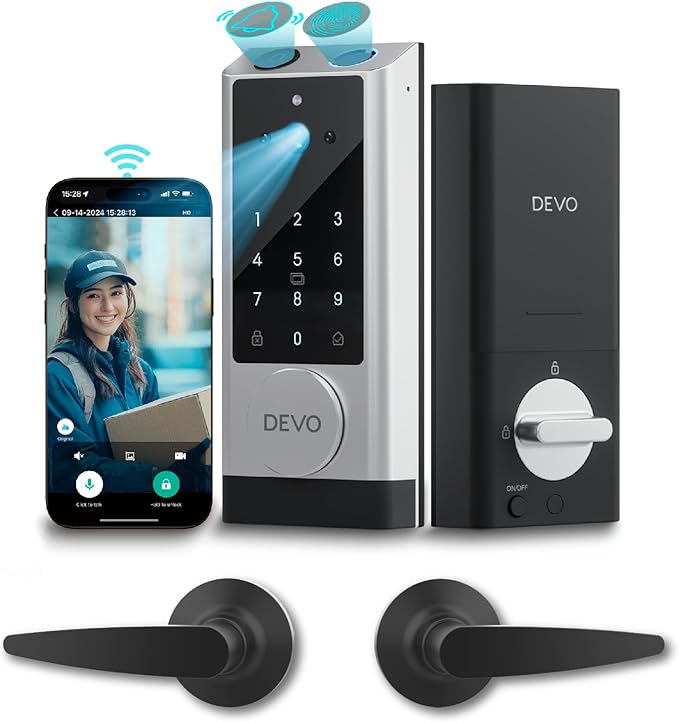 Devo G1 Video Smart Lock with Camera&Doorbell, 6-in-1 Keyless Entry Door Lock Deadbolt with Handle Set, App Remote, Fingerprint ID, Auto Locks, Built-in Wi-Fi Smart Deadbolt for Front Door