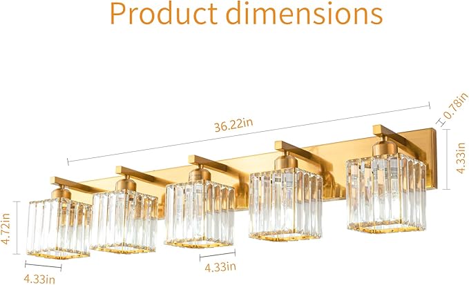 FDPBY Modern 5-Light Gold Brushed Brass Finish Crystal Wall Light for Bathroom Vanity