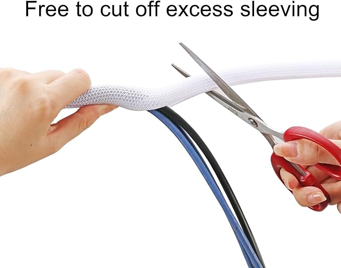 QCSIW 3/4"-50ft Extra-Long Braided Cable Sleeve Protector - Self-Wrapping Pet-Proof Wire Loom for Home Theater, Office, Car Engine, Chew-Resistant Cord Cover, White