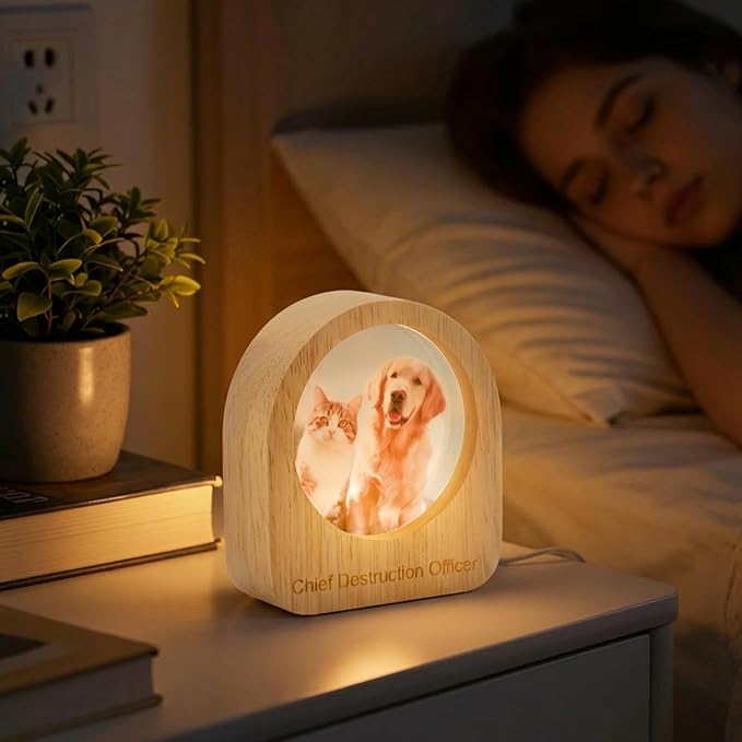 Yijhpbc Custom 3D Crystal Photo Night Light Personalized Photo Crystal Ball Engraved Picture Lamp with Wood Base Memorial Gift for Pets Family Couple Birthday Valentine's Day (Style 1)