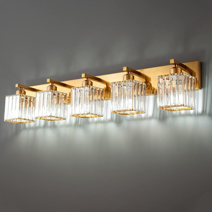 FDPBY Modern 5-Light Gold Brushed Brass Finish Crystal Wall Light for Bathroom Vanity