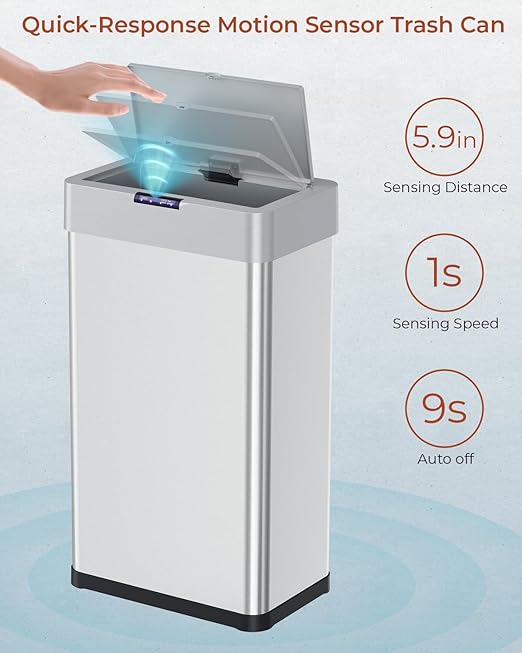 TLSUNNY 16 Gallon Motion Sensor Trash Can,Touchless Automatic Garbage Can,Brushed Stainless Steel Smart Bin,with Bag Holder,Soft Close Lid,for Kitchen,Office,RV,Bedroom,Living Room (Silver, 60L)