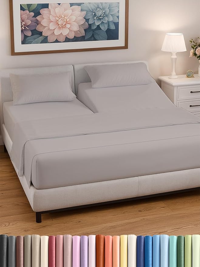 Split Head King Sheets Set - Top Split King Sheets for Adjustable Beds, Easy-Fit Split Head King Mattress - Flex Split Top King Sheets, Easy-Fit, Breathable, Deep Pocket Split King Sheets - Light Grey